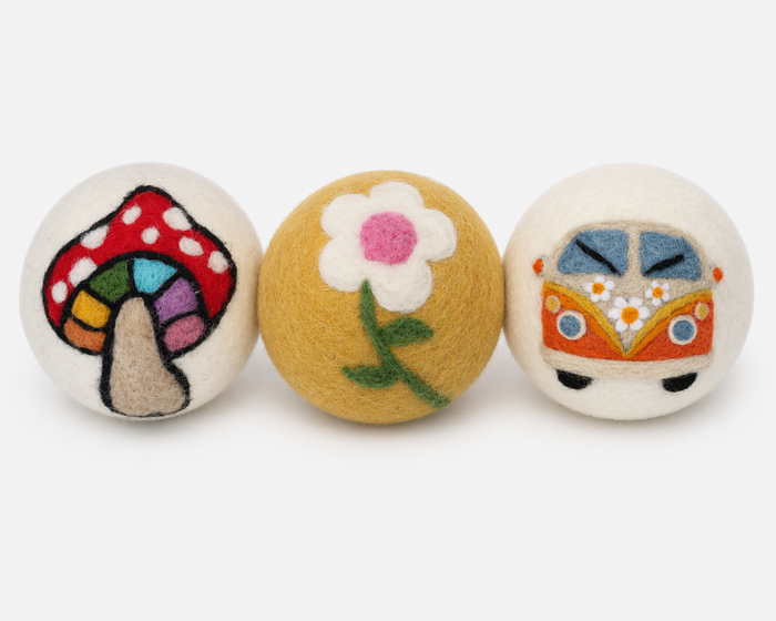 Hippie Bus, Daisy Flower + Mushroom Wool Dryer Ball Set- Fair Trade Made- Final Sale