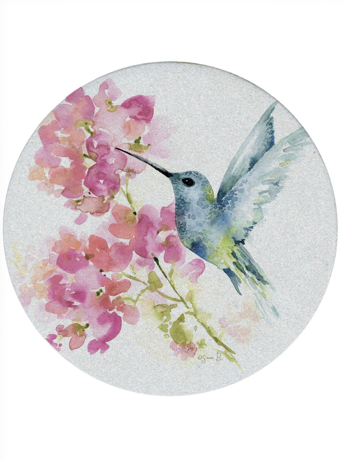 Hummingbird sandstone coaster with watercolor bird and floral artwork, absorbent natural stone from Ardor Boutique