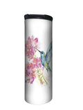 Stainless steel tumbler with hummingbird and pink flower design, white background from Ardor Boutique