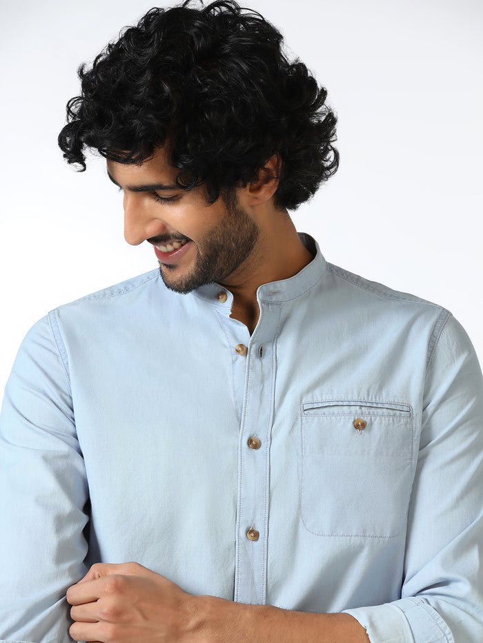 Indigo Mandarin Collar Solid Shirt - Zion