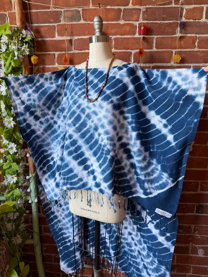 Indigo Sky Fringe Tie Dye Hi Lo Poncho Coverup Tunic Top- 100% Cotton
