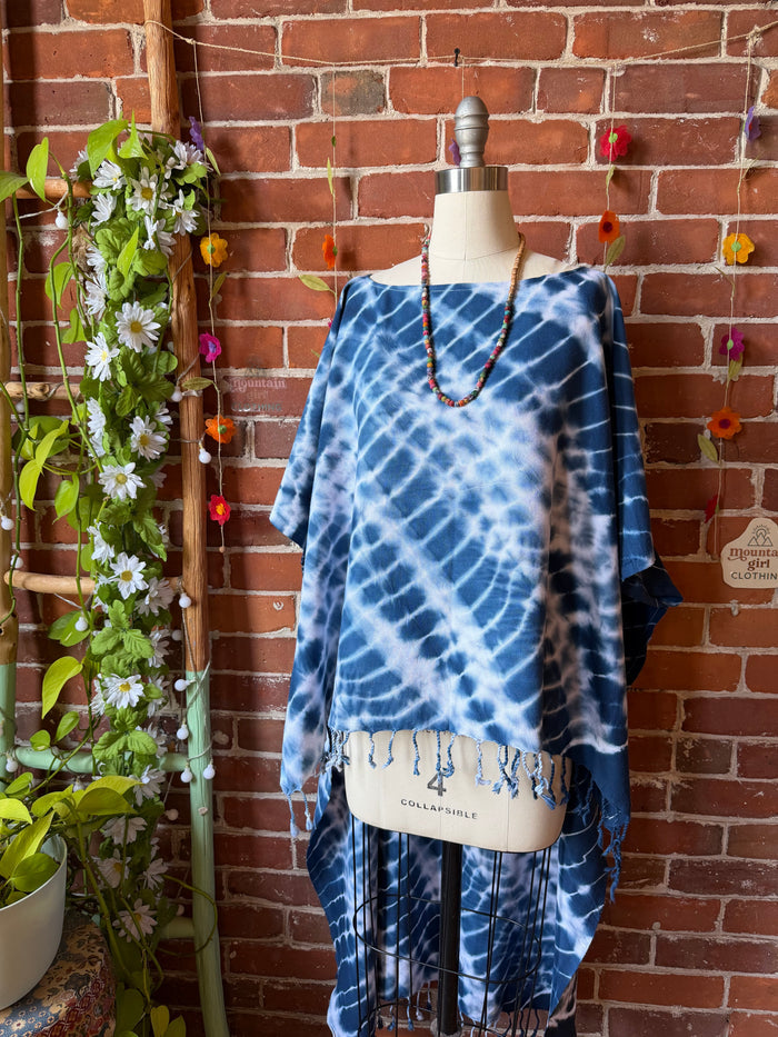 Indigo Sky Fringe Tie Dye Hi Lo Poncho Coverup Tunic Top- 100% Cotton