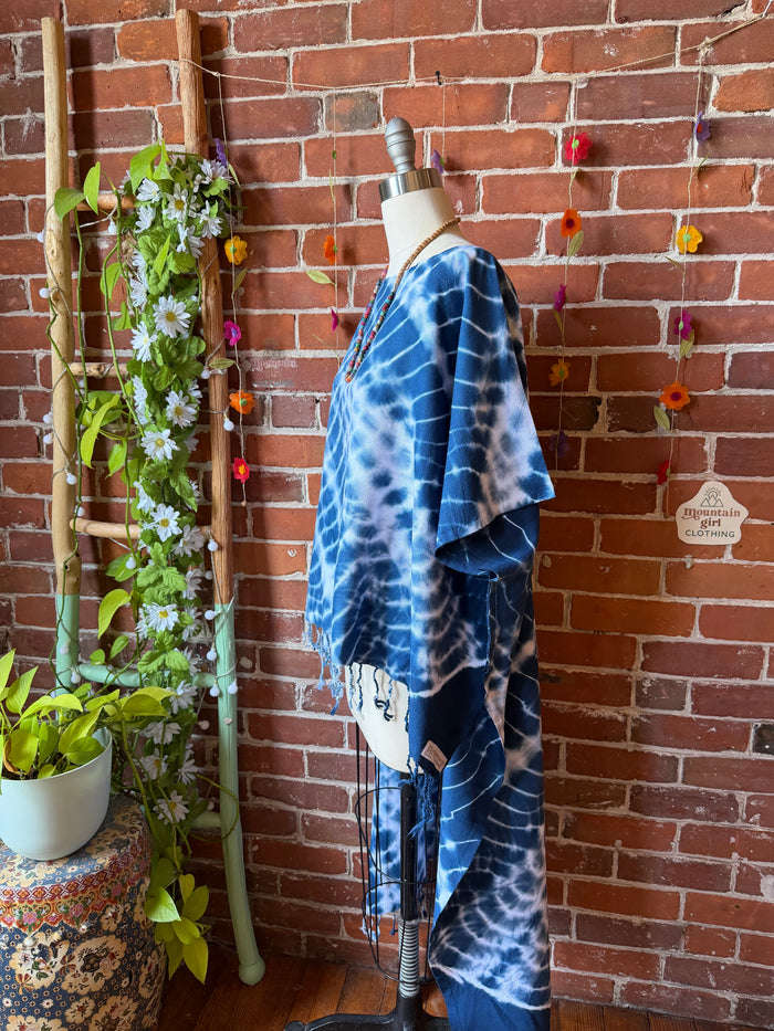 Indigo Sky Fringe Tie Dye Hi Lo Poncho Coverup Tunic Top- 100% Cotton