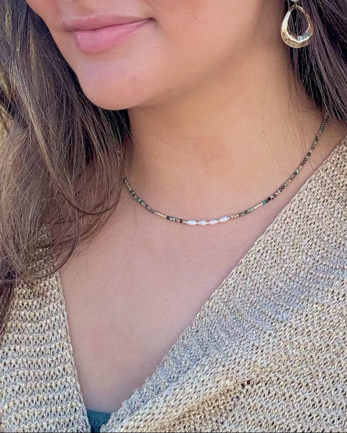 Isla African Turquoise & Freshwater Pearl Necklace worn on model