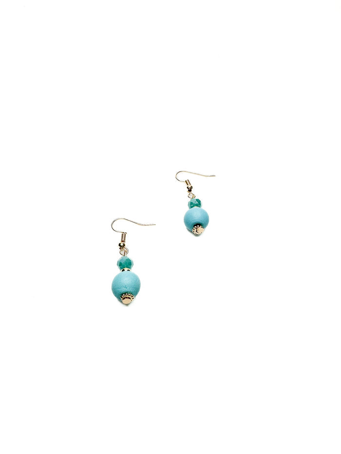 Turquoise beaded drop earrings with gold accents on a white background