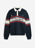 The Champion x Percival Jacquard Knitted Rugby Shirt in navy, shot flat to show its contrast collar and striped branding.