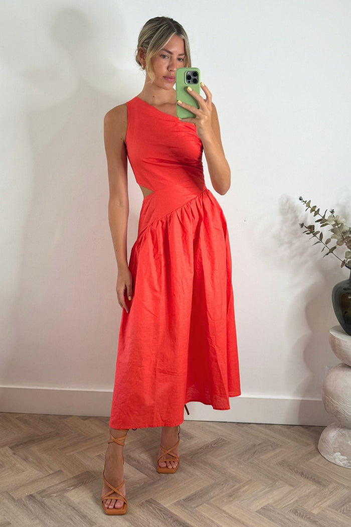 Jasmine Cut Out One Shoulder Dress in Coral - Style Cheat