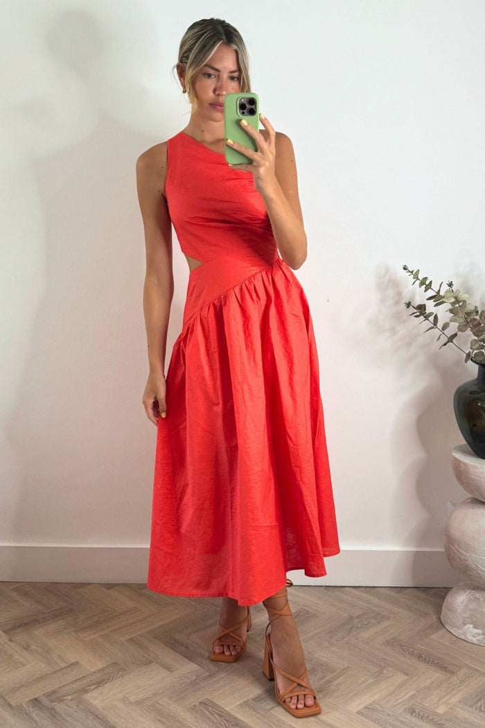 Jasmine Cut Out One Shoulder Dress in Coral - Style Cheat