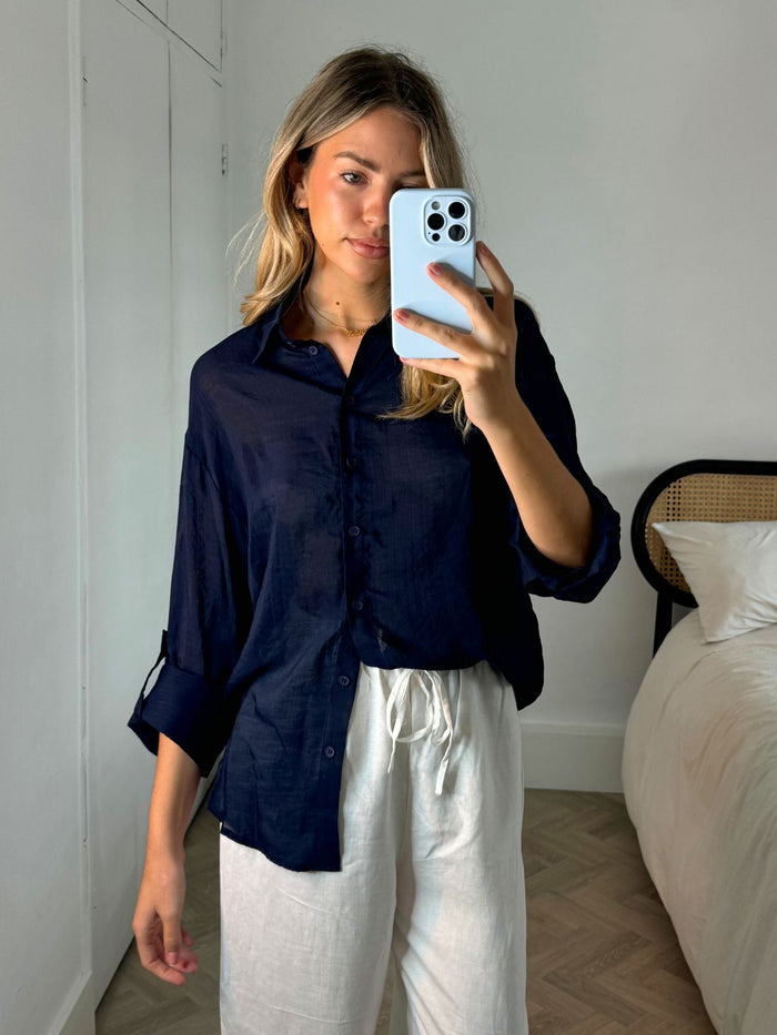 Kensie Roll Up Shirt in Navy - Style Cheat