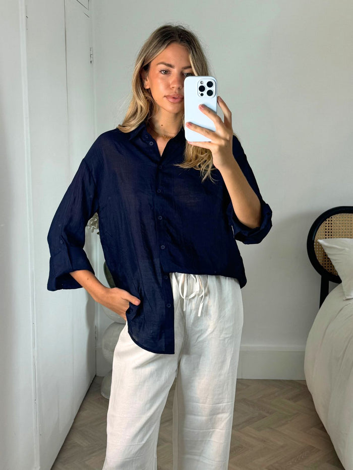 Kensie Roll Up Shirt in Navy - Style Cheat