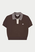 KNITTED COLLAR POLO TOP - BROWN
