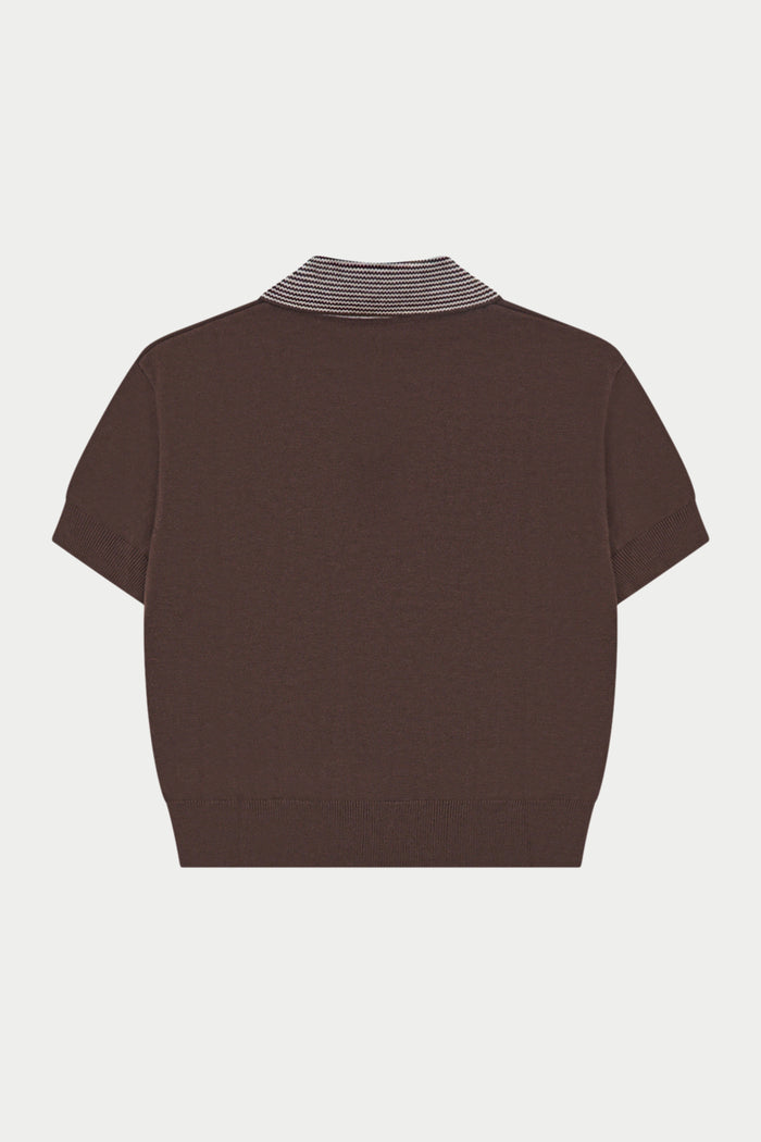 KNITTED COLLAR POLO TOP - BROWN
