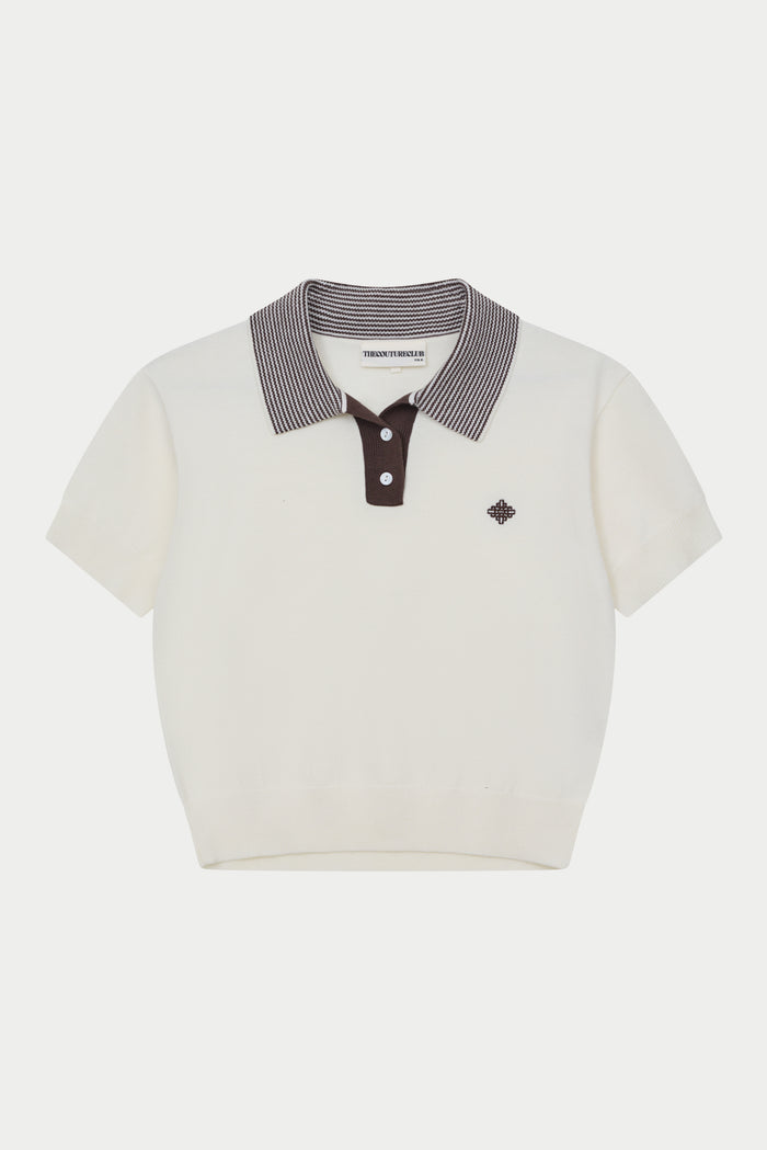 KNITTED COLLAR POLO TOP - CREAM