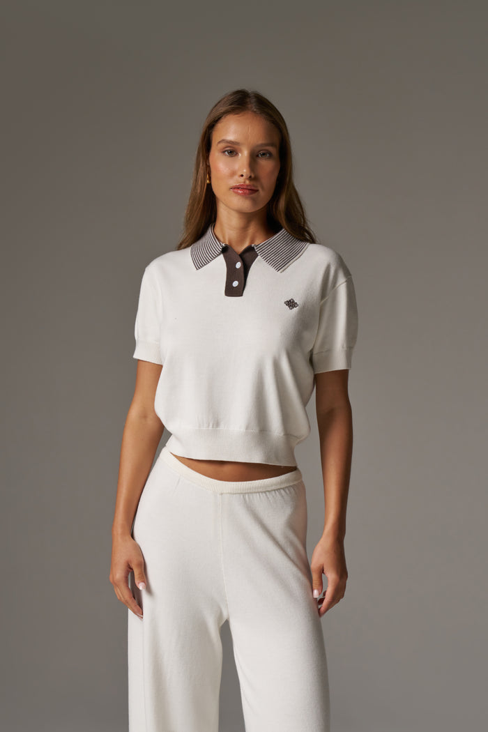KNITTED COLLAR POLO TOP - CREAM
