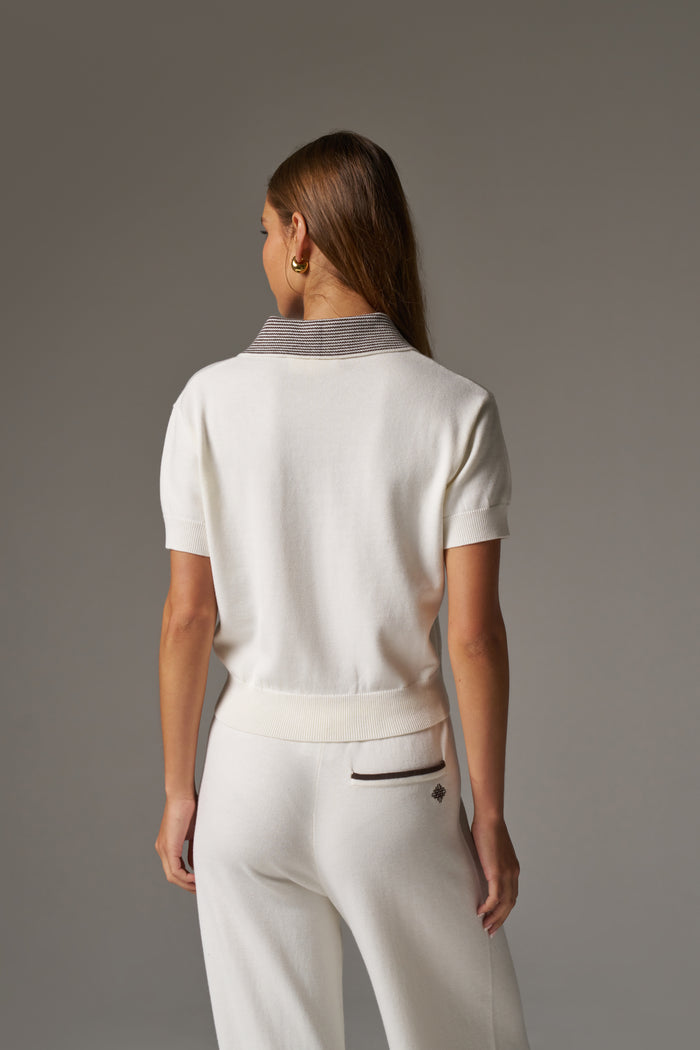 KNITTED COLLAR POLO TOP - CREAM