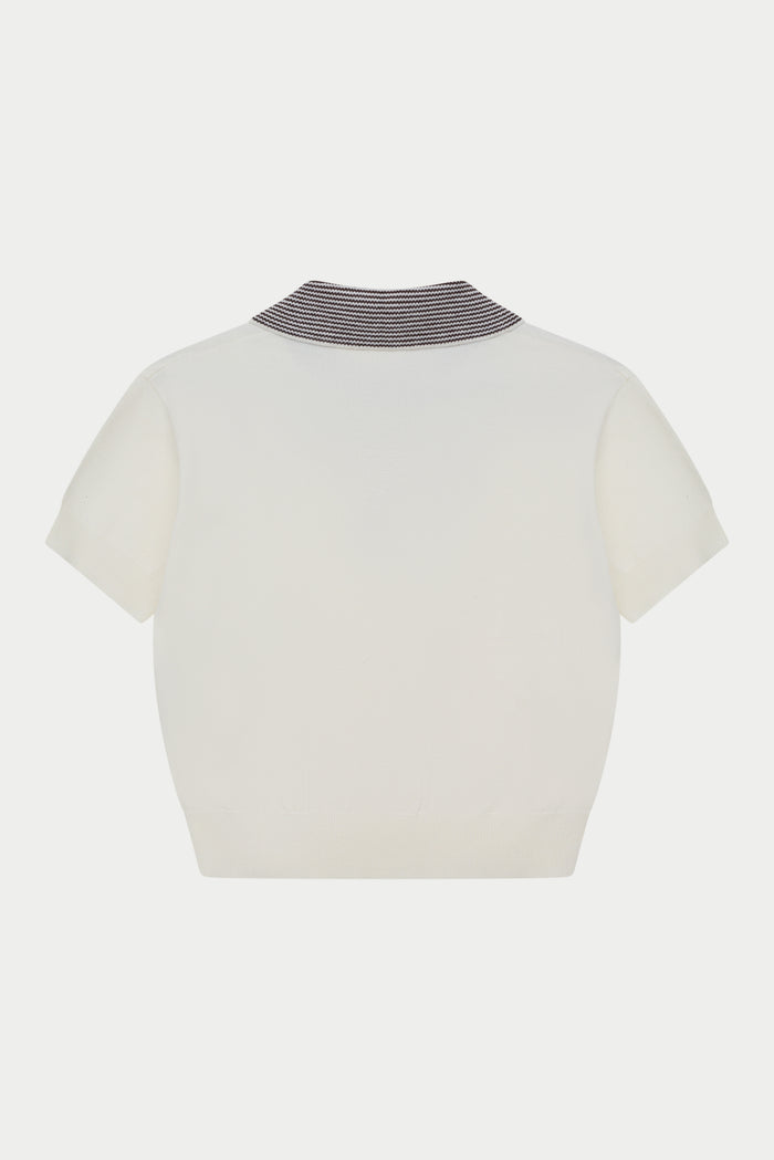 KNITTED COLLAR POLO TOP - CREAM