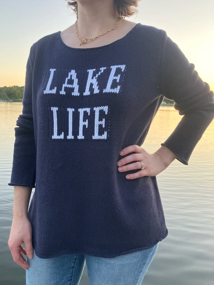 Cotton acrylic navy Lake Life sweater with ivory lettering, close-up of front detail from Ardor Boutique