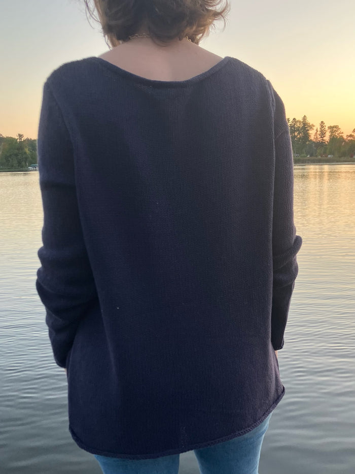 Cotton acrylic navy Lake Life sweater long sleeves, back view by the lake from Ardor Boutique