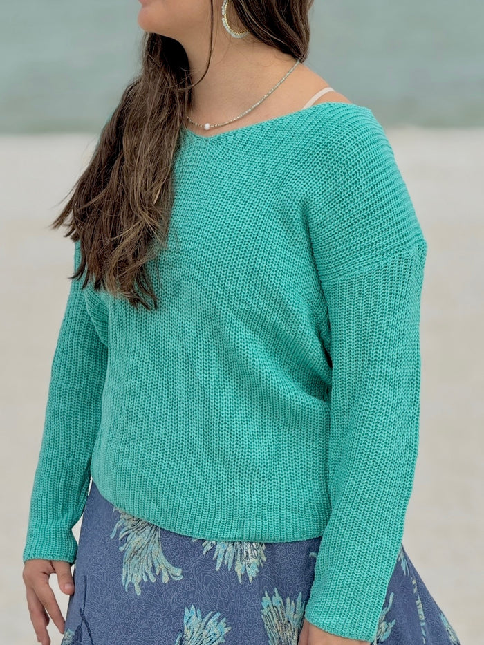 Lily Sweater in Aqua on model styled with aqua beaded jewelry