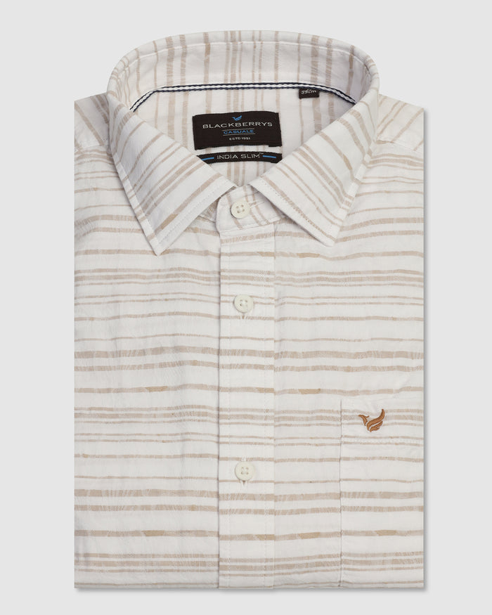 Linen Casual Beige Jacquard Shirt - Daigo