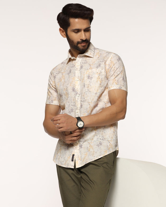 Linen Casual Half Sleeve Beige Printed Shirt - Gabin