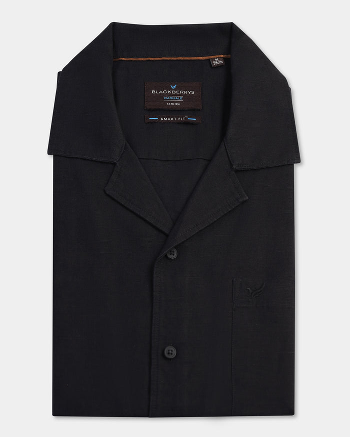 Linen Casual Half Sleeve Black Solid Shirt - maison