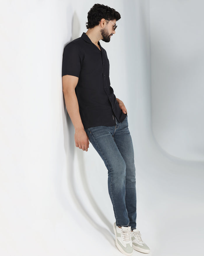 Linen Casual Half Sleeve Black Solid Shirt - maison