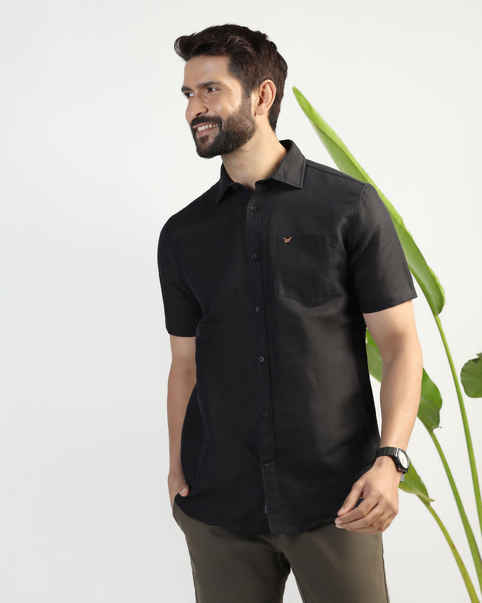 Linen Casual Half Sleeve Black Solid Shirt - salmon