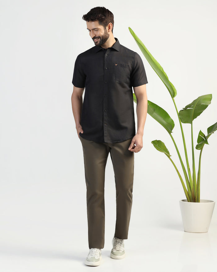 Linen Casual Half Sleeve Black Solid Shirt - salmon