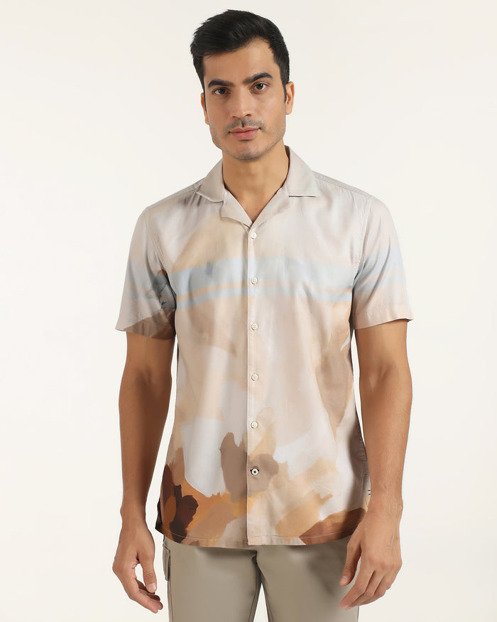 Linen Casual Half Sleeve Ochre Printed Shirt - Avery