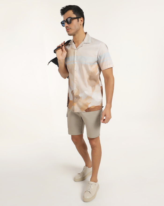 Linen Casual Half Sleeve Ochre Printed Shirt - Avery