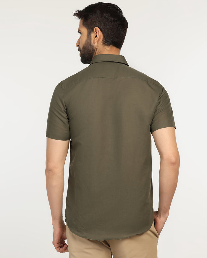 Linen Casual Half Sleeve Olive Solid Shirt - Salmon