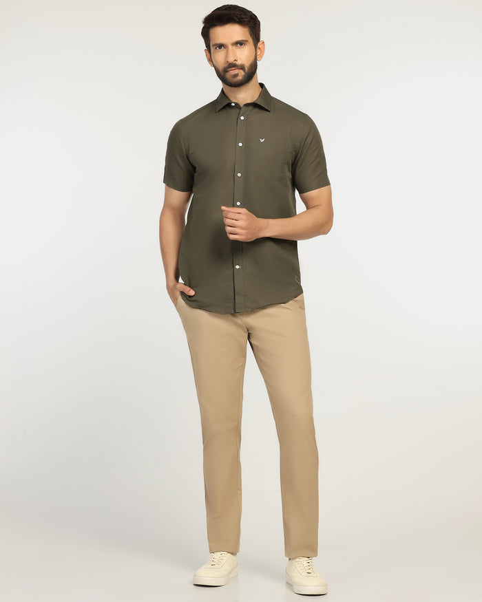 Linen Casual Half Sleeve Olive Solid Shirt - Salmon