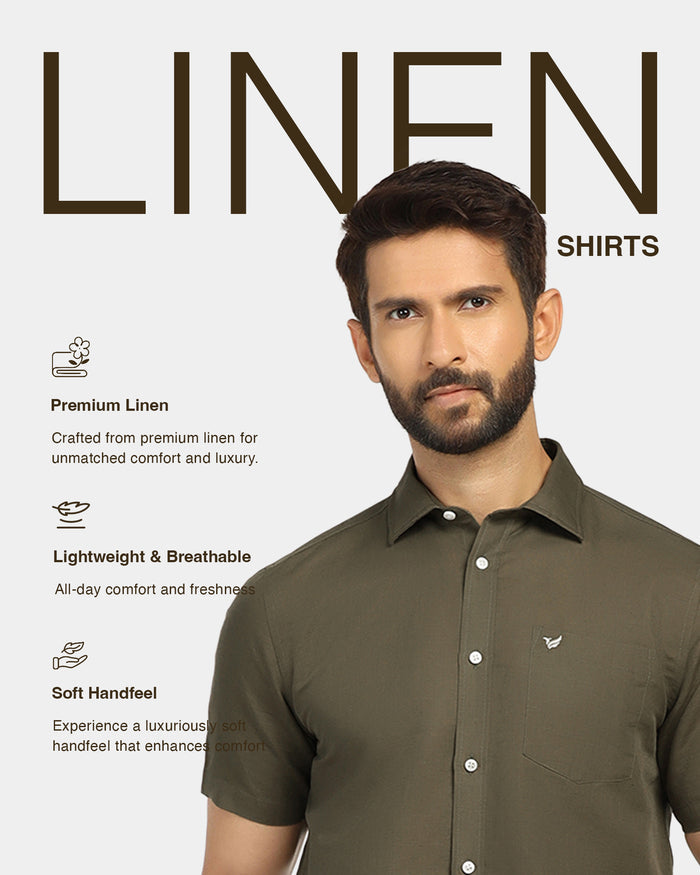 Linen Casual Half Sleeve Olive Solid Shirt - Salmon