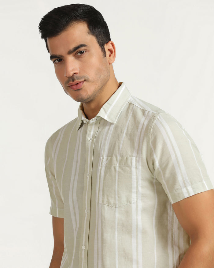 Linen Casual Half Sleeve Pistachio Stripe Shirt - breton