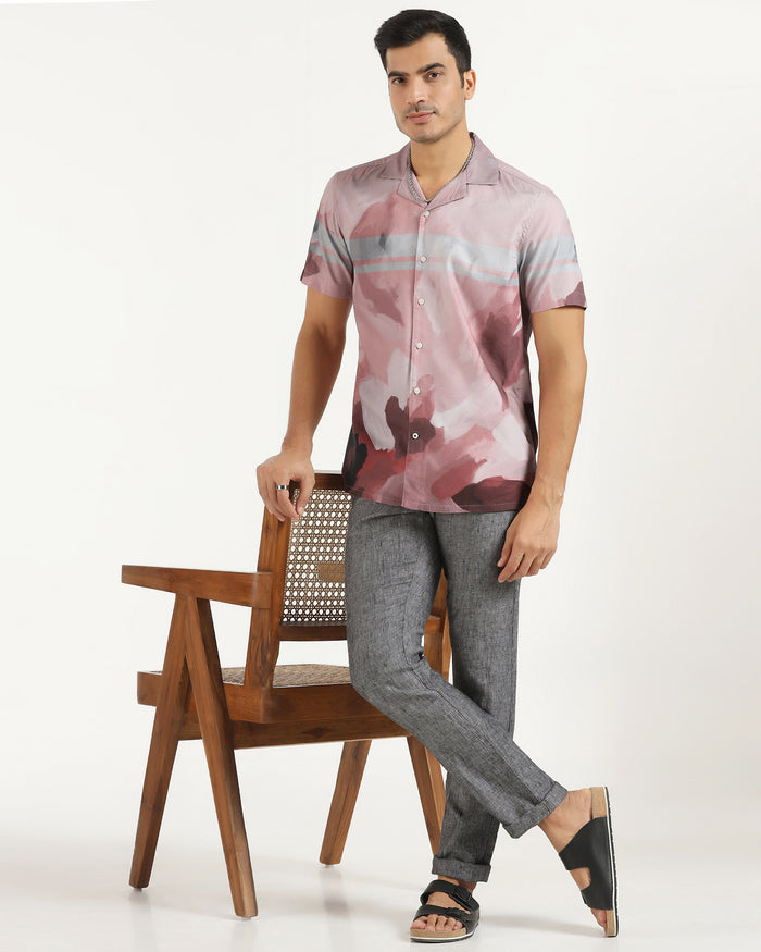 Linen Casual Half Sleeve Red Printed Shirt - avery