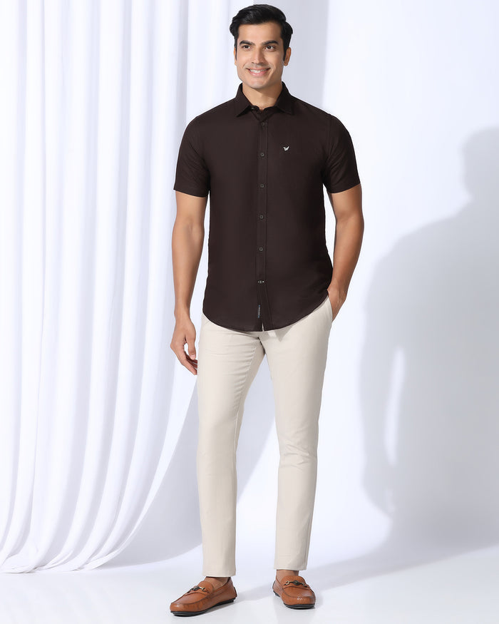 Linen Casual Half Sleeve Tan Solid Shirt - Salmon