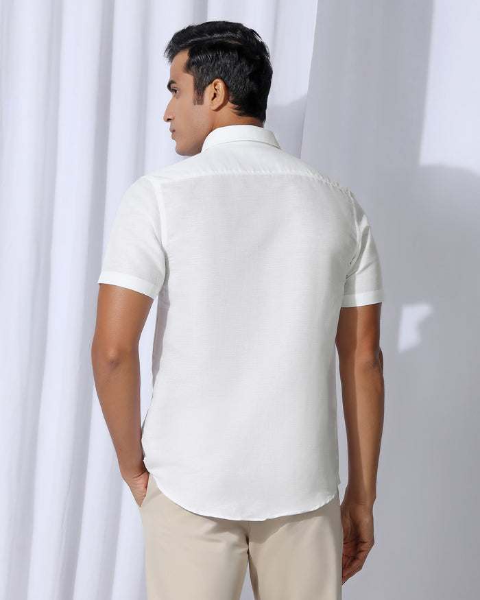 Linen Casual Half Sleeve White Solid Shirt - Salmon