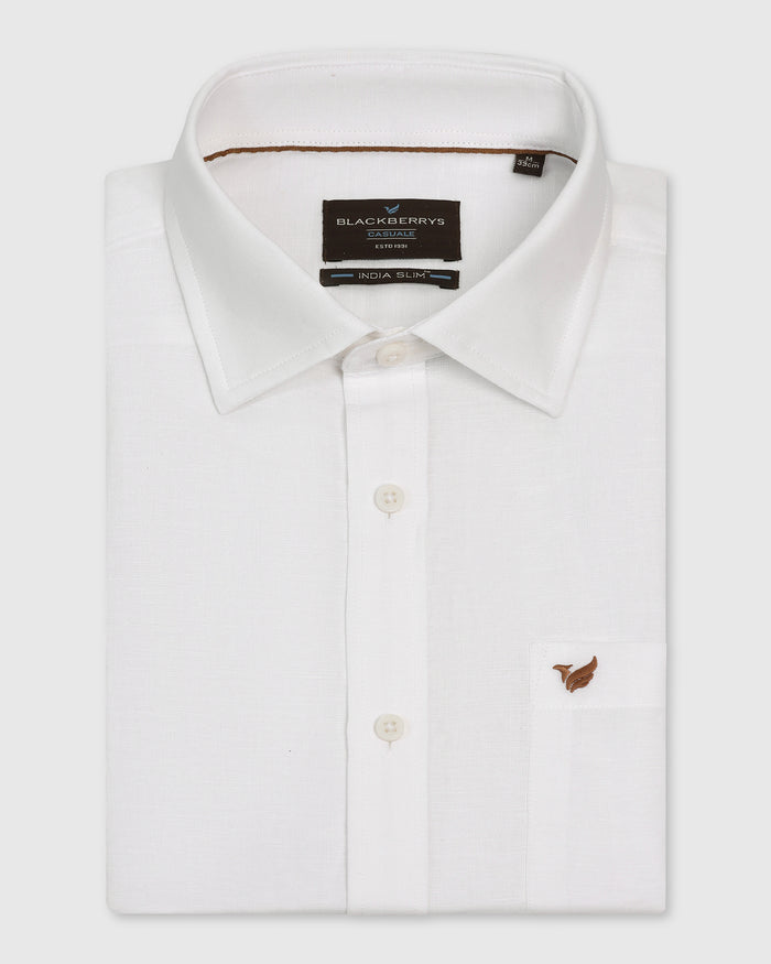 Linen Casual Half Sleeve White Solid Shirt - Salmon