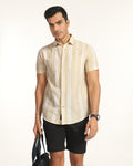 Linen Casual Half Sleeve Yellow Stripe Shirt - breton