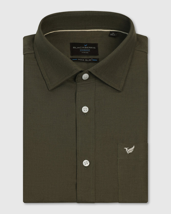 Linen Casual Olive Solid Shirt - Salmon