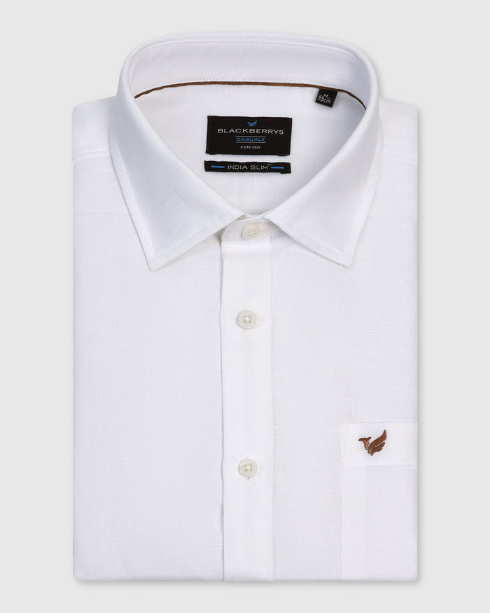 Linen Casual White Solid Shirt - Salmon