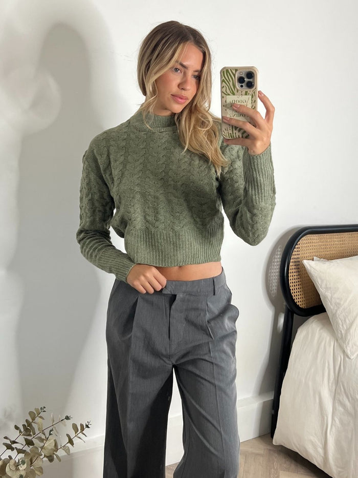 Lola Cable Knit High Neck Jumper / Khaki - Style Cheat