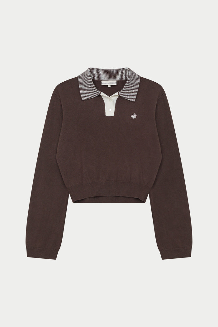 LONG SLEEVE KNITTED COLLAR POLO TOP - BROWN