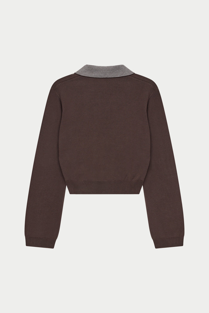 LONG SLEEVE KNITTED COLLAR POLO TOP - BROWN