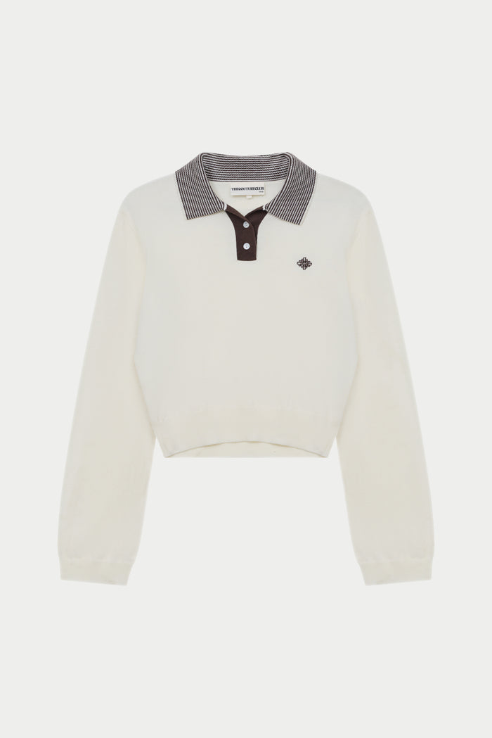 LONG SLEEVE KNITTED COLLAR POLO TOP - CREAM