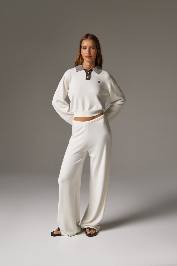 LONG SLEEVE KNITTED COLLAR POLO TOP - CREAM