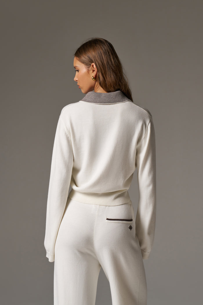 LONG SLEEVE KNITTED COLLAR POLO TOP - CREAM