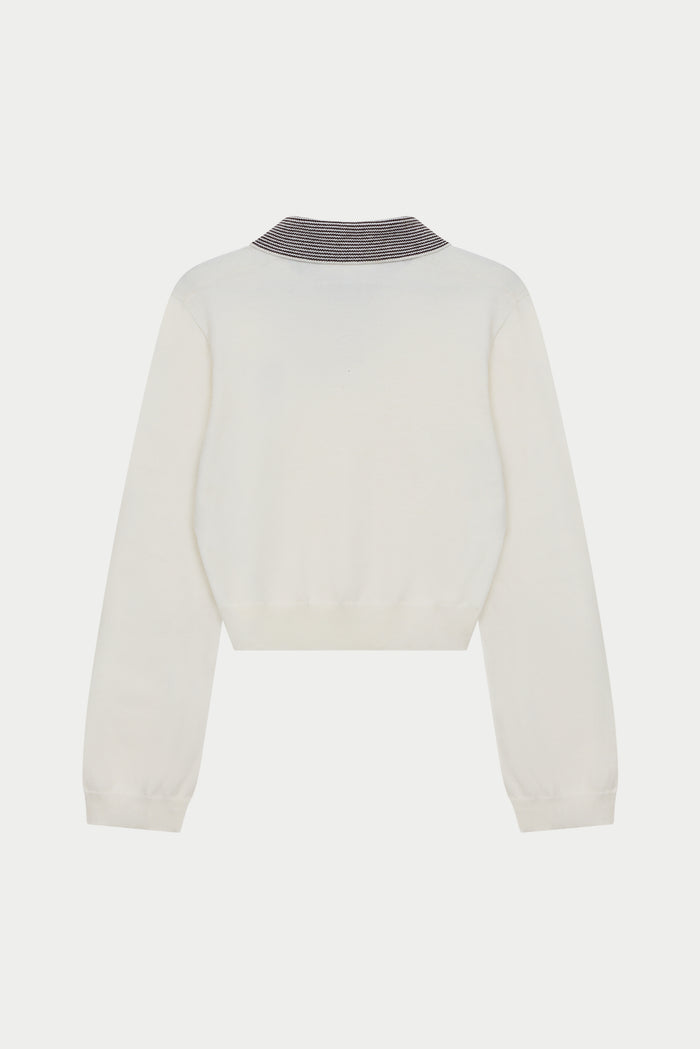 LONG SLEEVE KNITTED COLLAR POLO TOP - CREAM