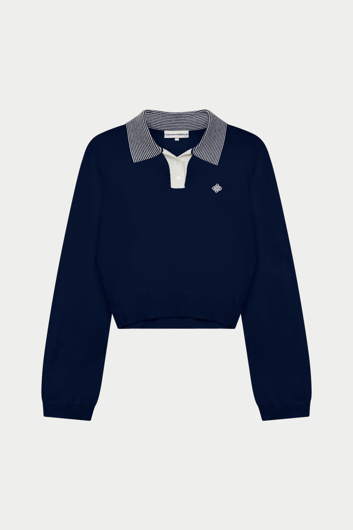 LONG SLEEVE KNITTED COLLAR POLO TOP - NAVY